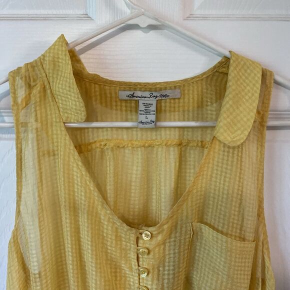 American Rag Dress Women’s Size Large Yellow Checked Sheer Pocket Button Summer - Picture 3 of 11